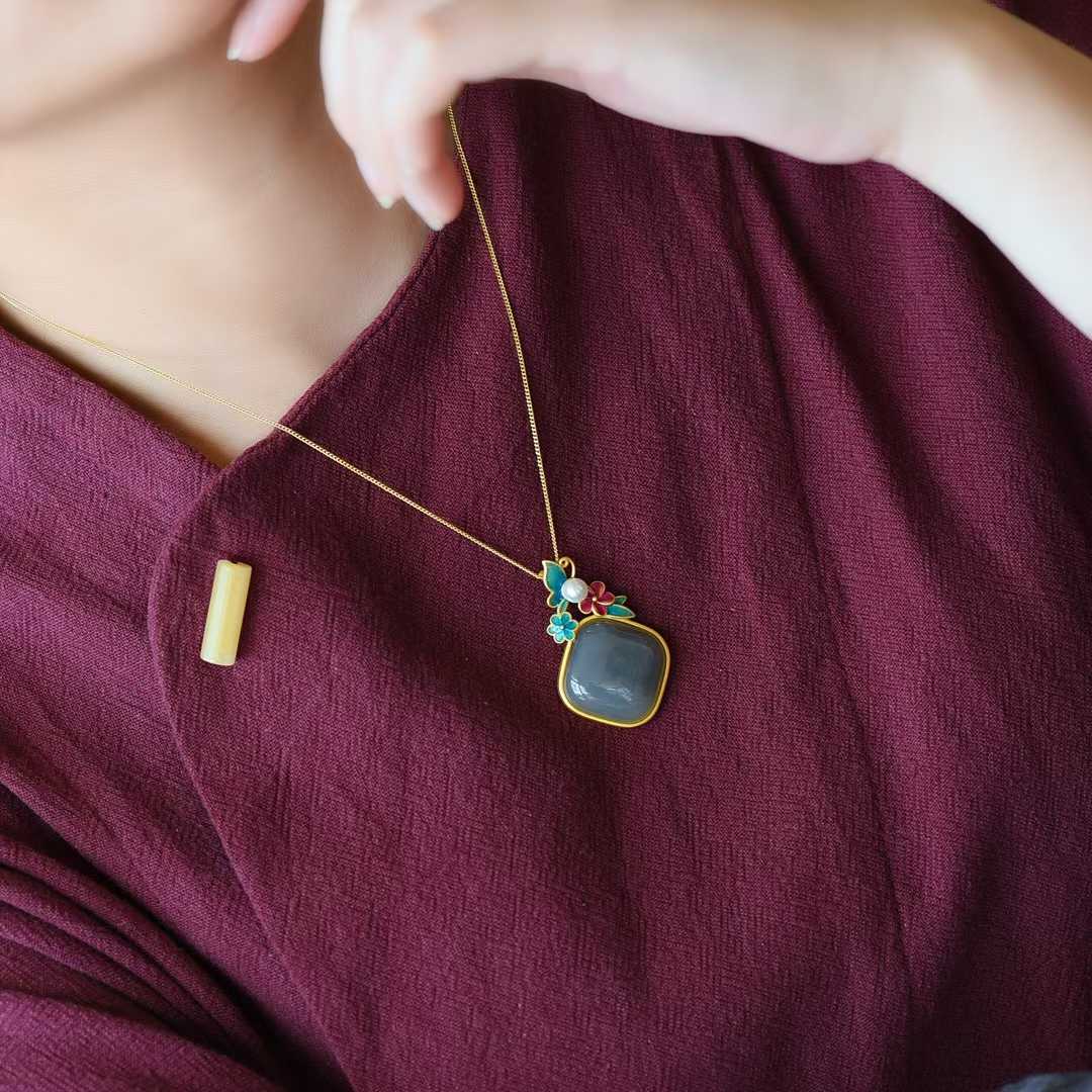 925 Silver Inlaid Hetian Nephrite "Smoky Gray & Matte Gold Enamel" Pendant - jewelry - weilin.com