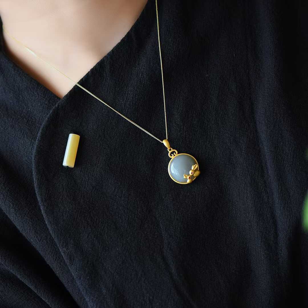925 Silver Inlaid Hetian Nephrite "Smoky Gray Round Drum Rabbit" Pendant - jewelry - weilin.com