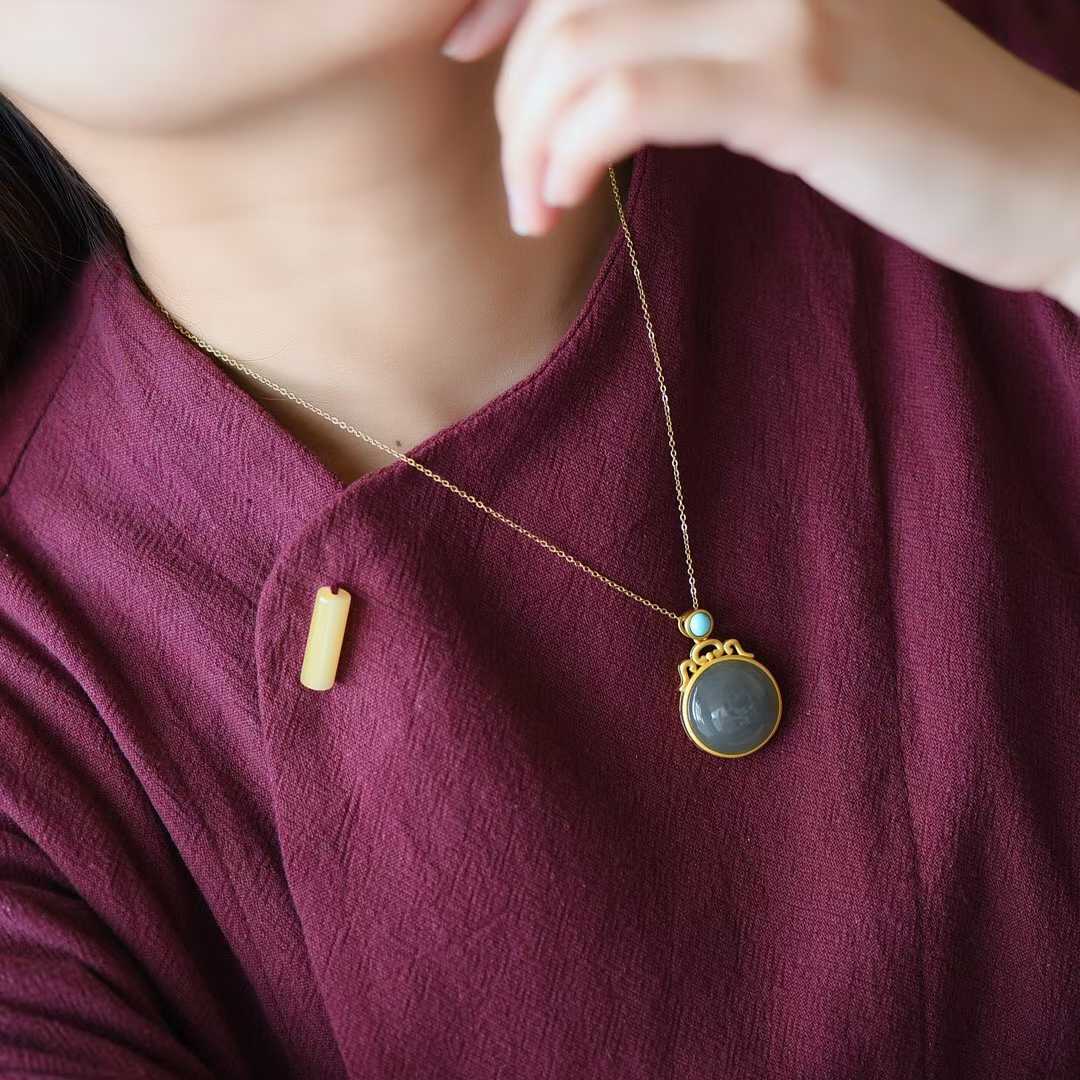 925 Silver Inlaid Hetian Nephrite "Smoky Gray & Thick Matte" Pendant - jewelry - weilin.com
