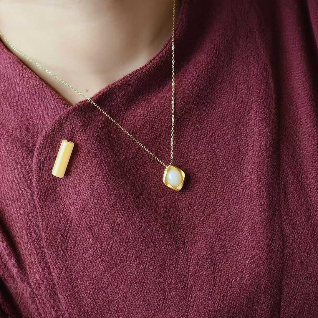 925 Silver Inlaid Hetian Nephrite "Thick Matte Gold & Small Ruyi" Pendant - jewelry - weilin.com