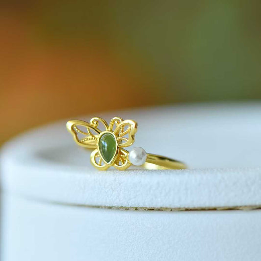 925 Silver Inlaid Hetian Nephrite "Water Drop & Butterfly" Ring - jewelry - weilin.com