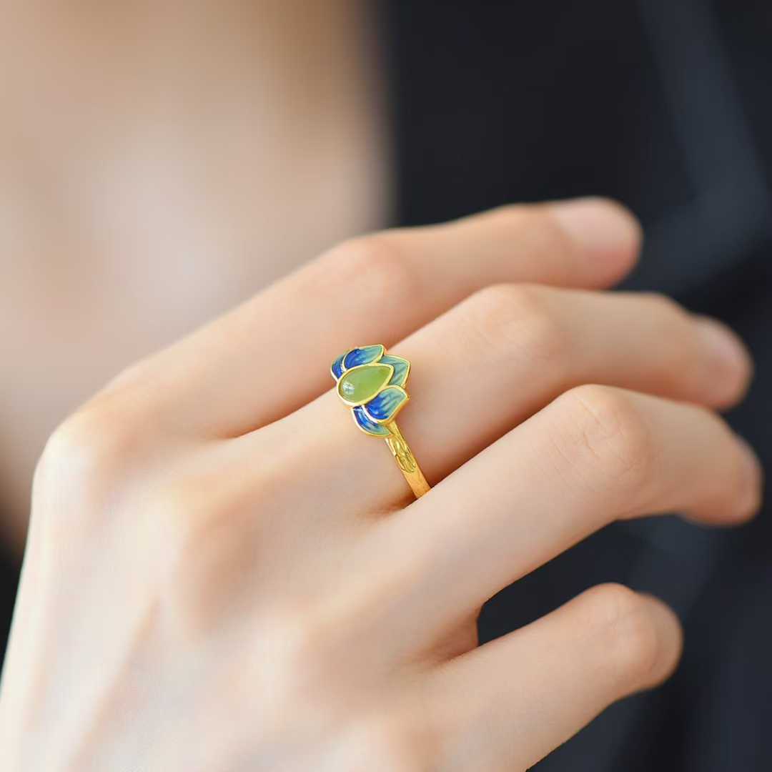 925 Silver Inlaid Hetian Nephrite "Water Drop & Lotus" Ring - jewelry - weilin.com
