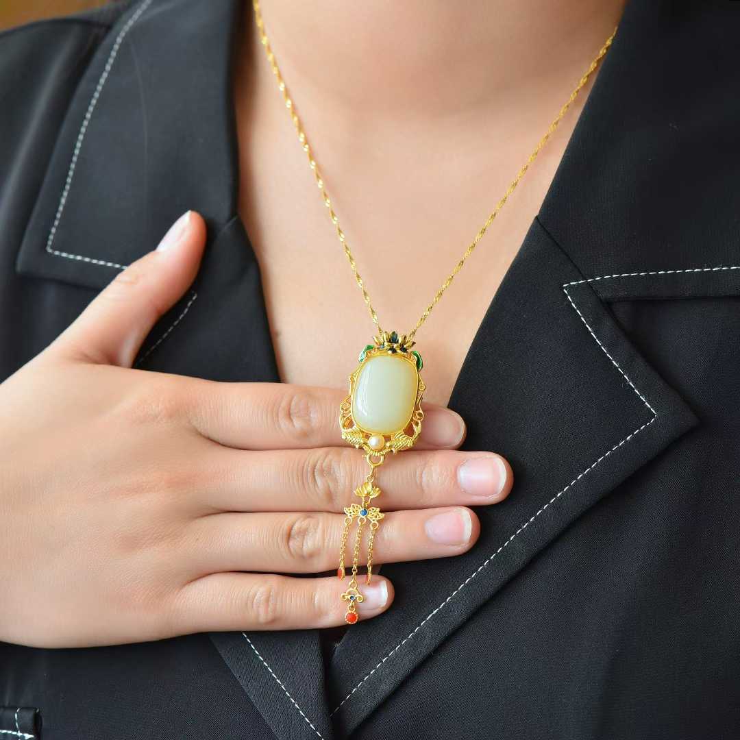 925 Silver Inlaid Hetian Nephrite "Year of Abundance (Fish) & Tassel" Pendant - jewelry - weilin.com
