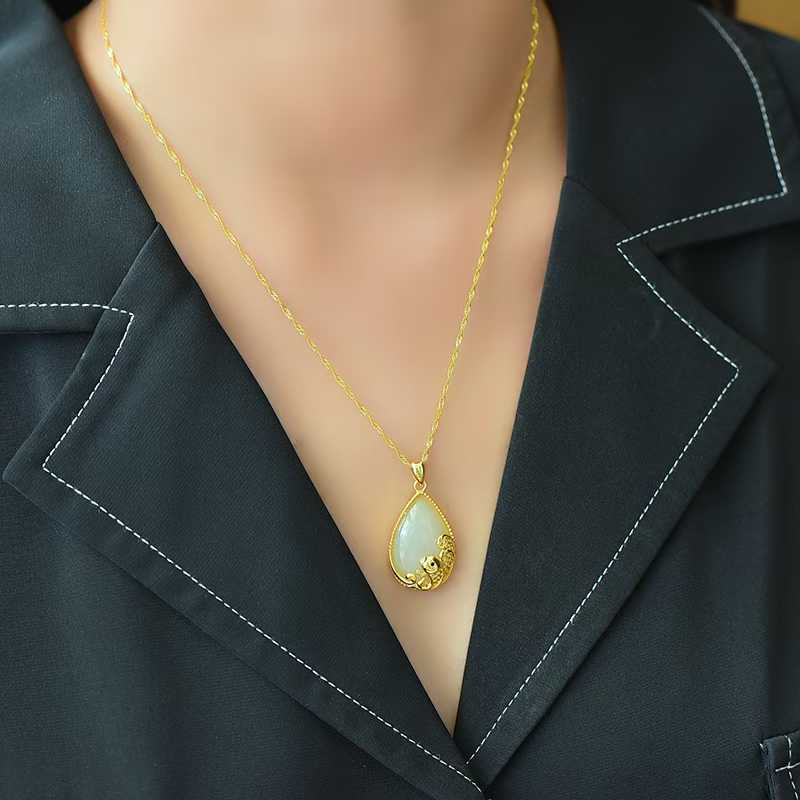 925 Silver Inlaid Hetian Nephrite "Year of Abundance (Fish) & Teardrop" Pendant - jewelry - weilin.com