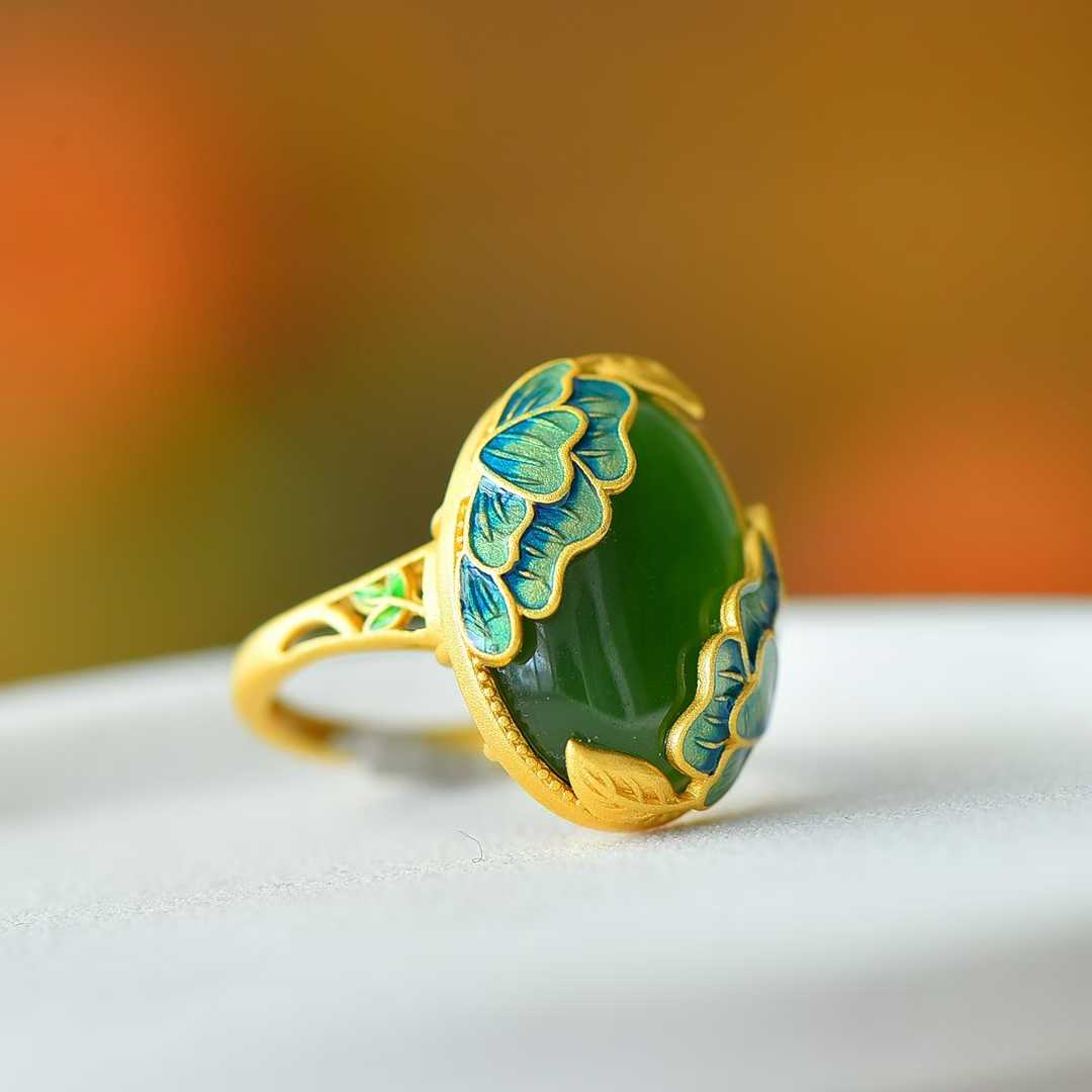 925 Silver Inlaid Hetian Spinach Green Nephrite "Adding Flowers to Brocade" Ring - jewelry - weilin.com