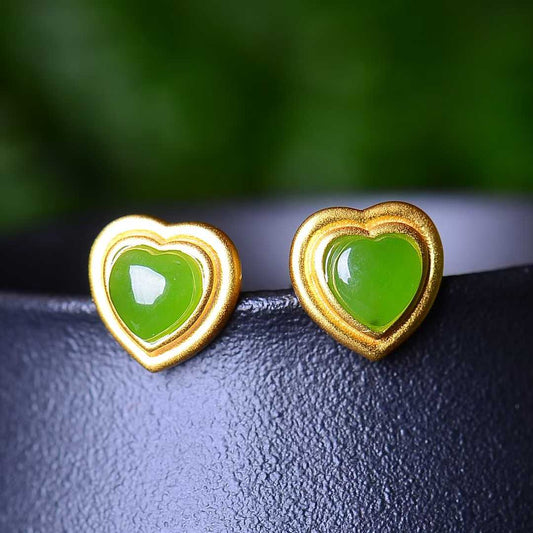 925 Silver Inlaid Hetian Spinach Green Nephrite Heart - Shaped Stud Earrings - jewelry - weilin.com