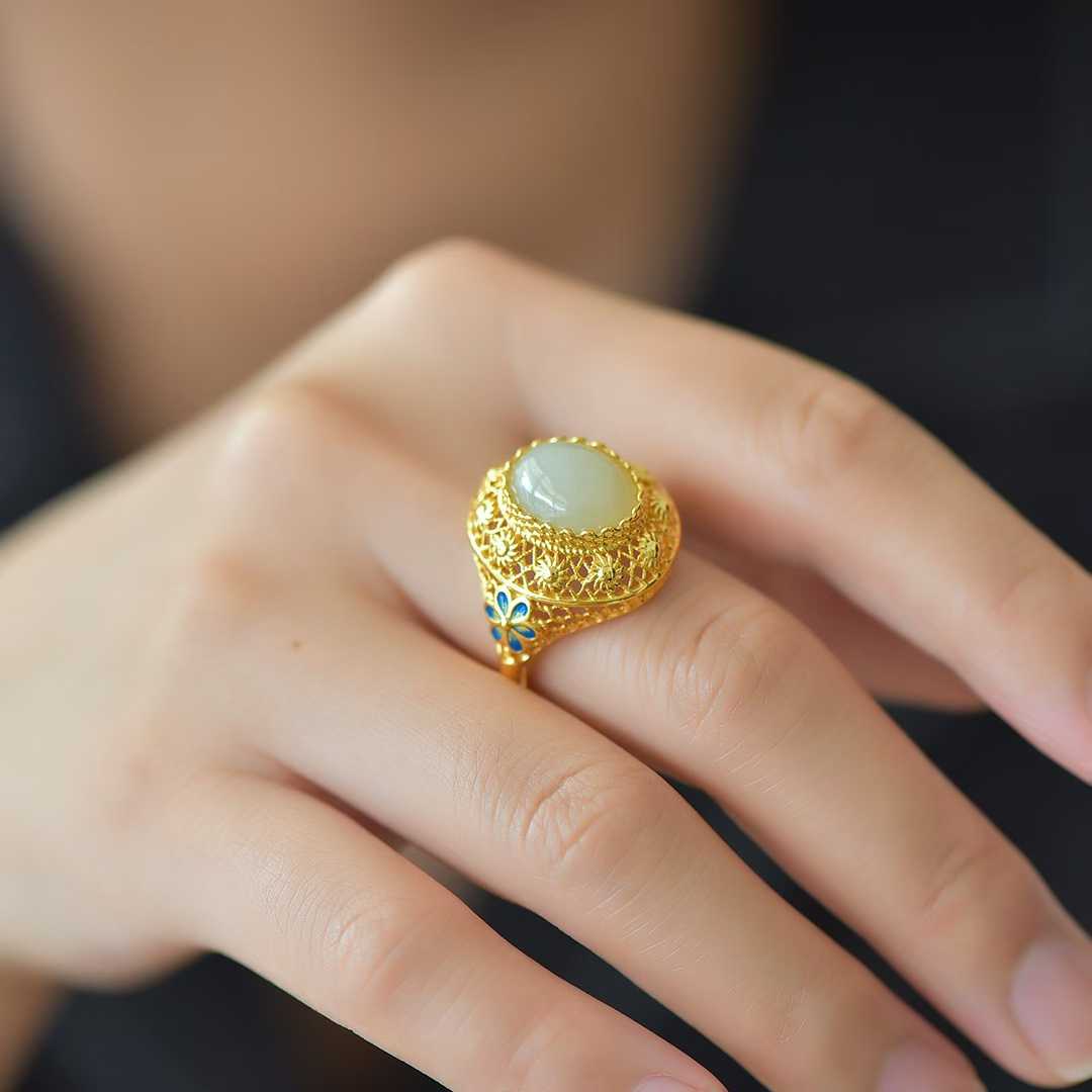 925 Silver Inlaid Nephrite "All the Way Blossoming" Ring - jewelry - weilin.com