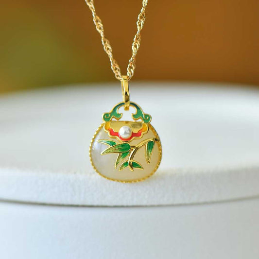 925 Silver Inlaid Nephrite "Bamboo Reports Safety" Bag Charm - jewelry - weilin.com