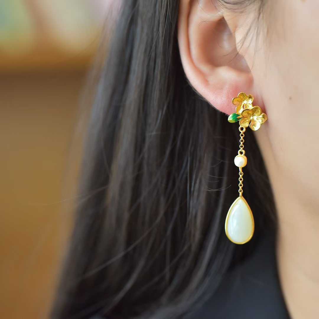 925 Silver Inlaid Nephrite "Blossoming Peach Flowers" Stud Earrings - jewelry - weilin.com