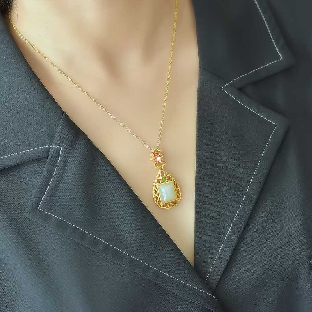 925 Silver Inlaid Nephrite Daffodil Filigree Pendant - jewelry - weilin.com