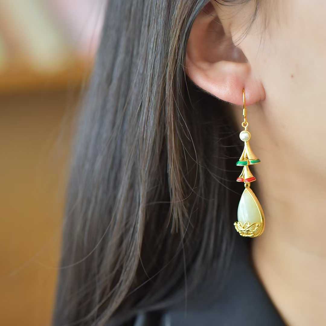 925 Silver Inlaid Nephrite "Dream Butterfly" Teardrop Earrings - jewelry - weilin.com