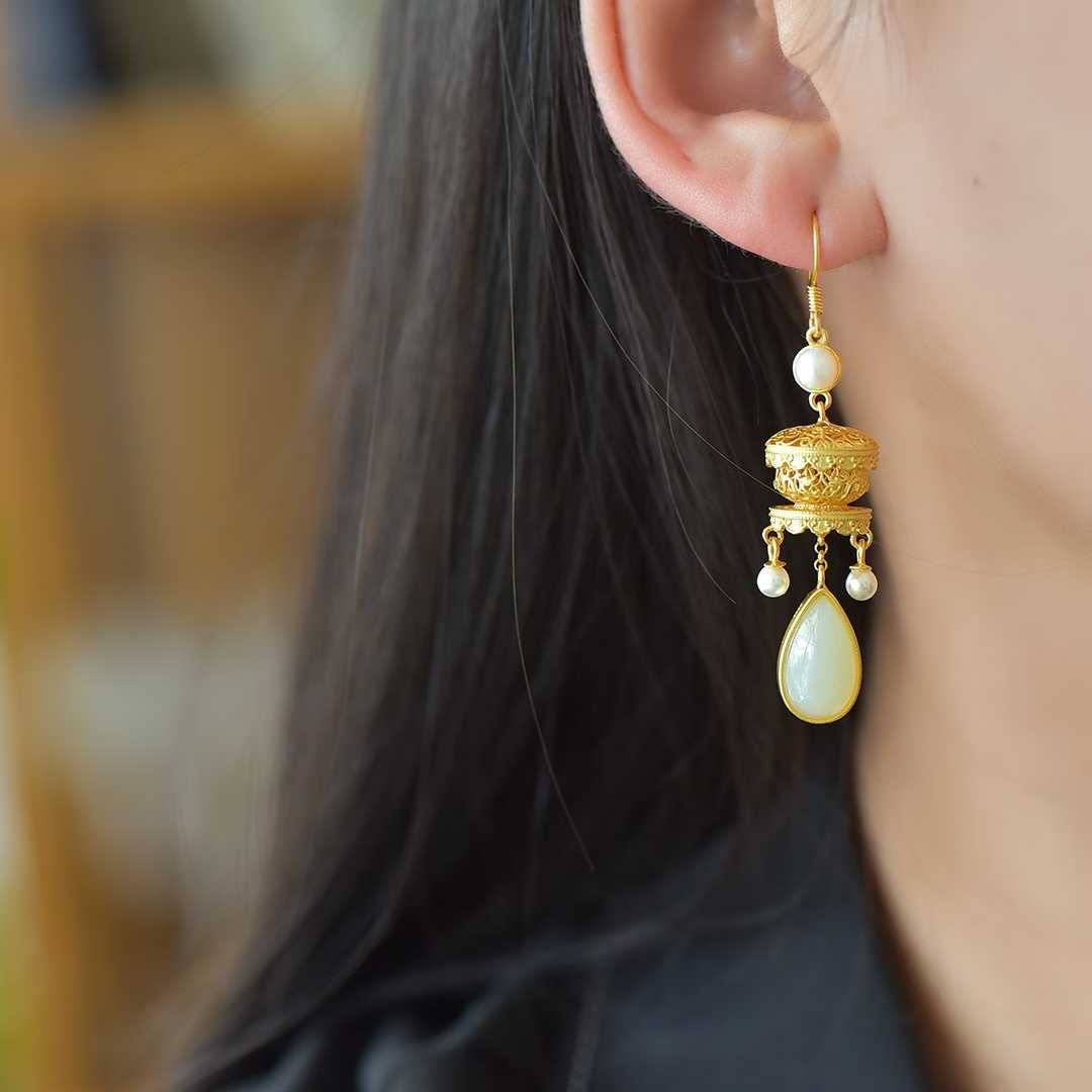 925 Silver Inlaid Nephrite Filigree Hollow Earrings - jewelry - weilin.com