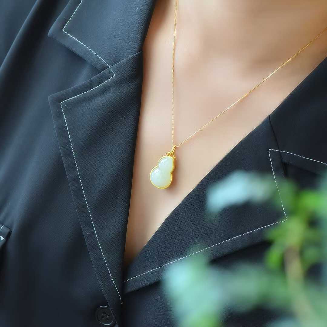 925 Silver Inlaid Nephrite "Fu Lu" (Happiness and Prosperity) Pendant - jewelry - weilin.com