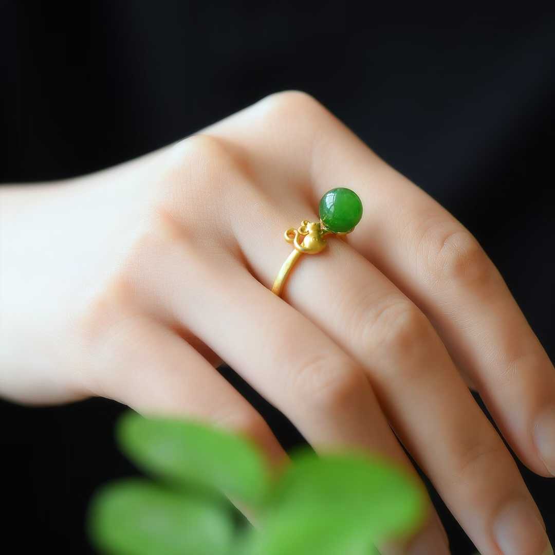 925 Silver Inlaid Nephrite Green Jade Cabochon Plain Silver Ring - jewelry - weilin.com