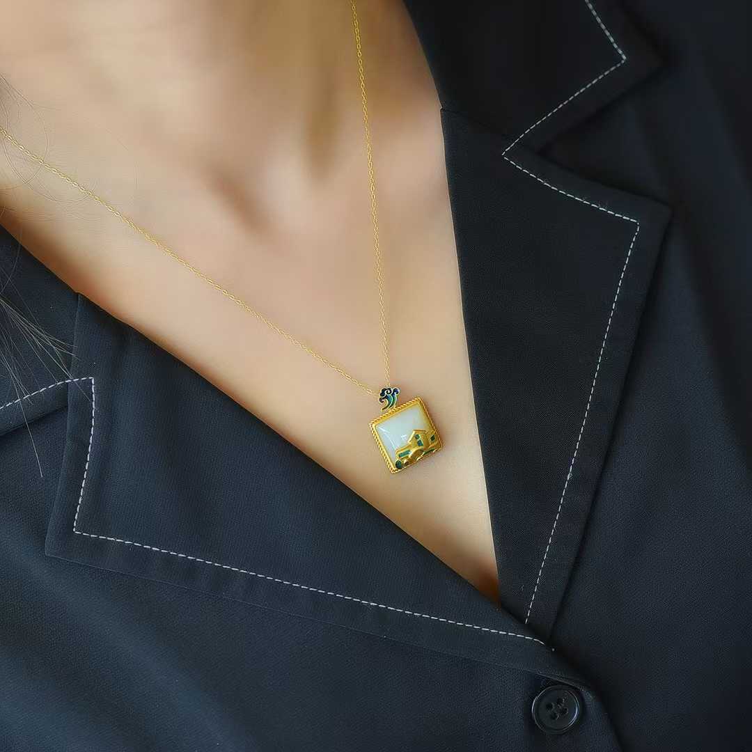 925 Silver Inlaid Nephrite "House and Car" Pendant - jewelry - weilin.com