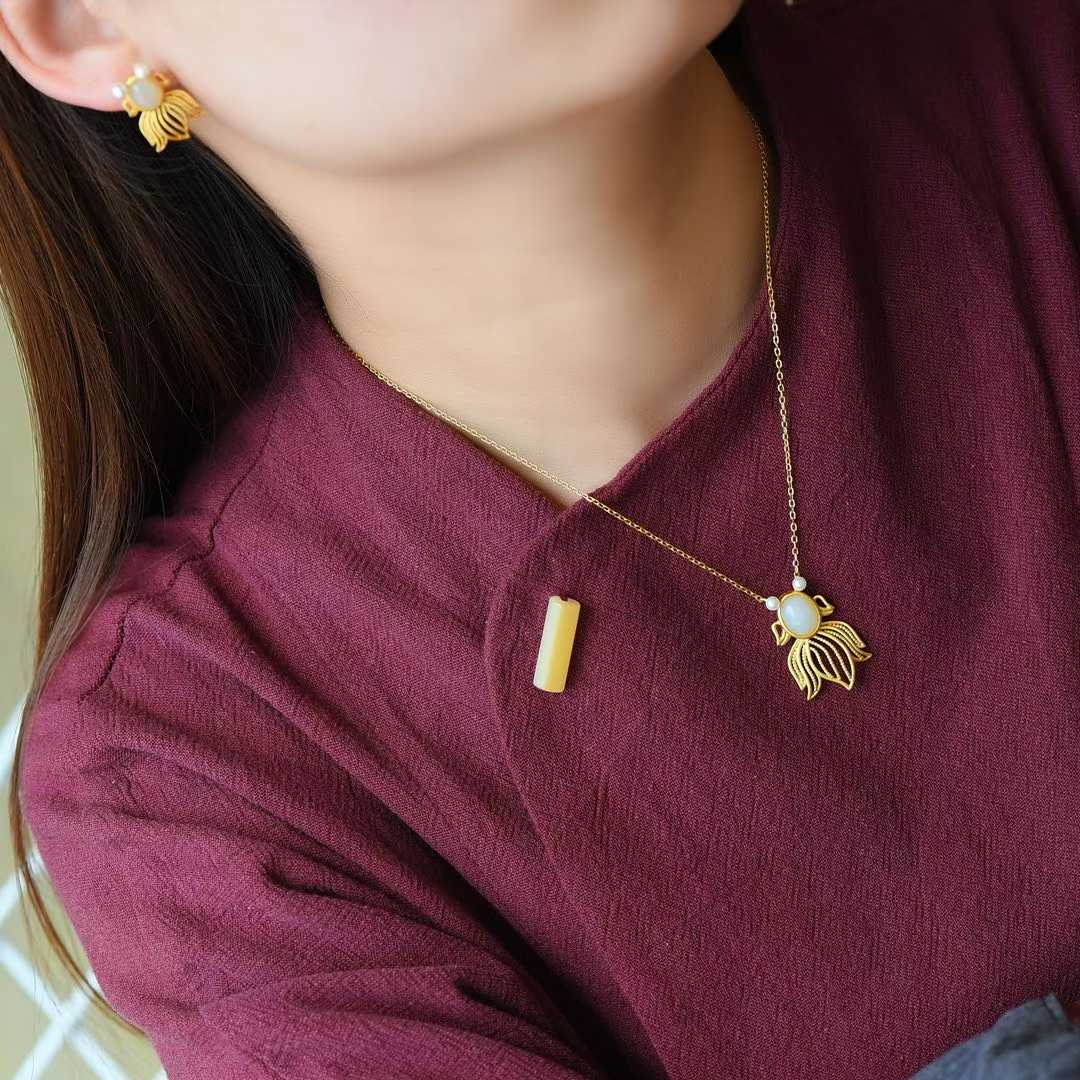 925 Silver Inlaid Nephrite Jewelry Set with Thick Matte Gold Fish Pendant - jewelry - weilin.com