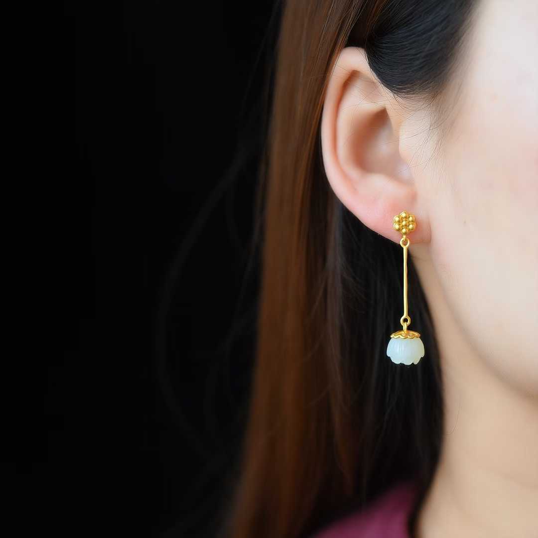 925 Silver Inlaid Nephrite Lotus Seed Pod Earrings - jewelry - weilin.com