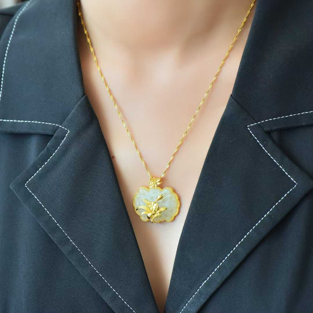 925 Silver Inlaid Nephrite Orchid Pendant - jewelry - weilin.com