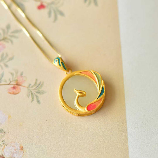 925 Silver Inlaid Nephrite "Phoenix Looking Back" Pendant - jewelry - weilin.com