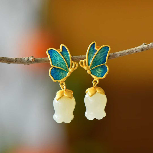 925 Silver Inlaid Nephrite Pomegranate Flower and Butterfly Earrings - jewelry - weilin.com