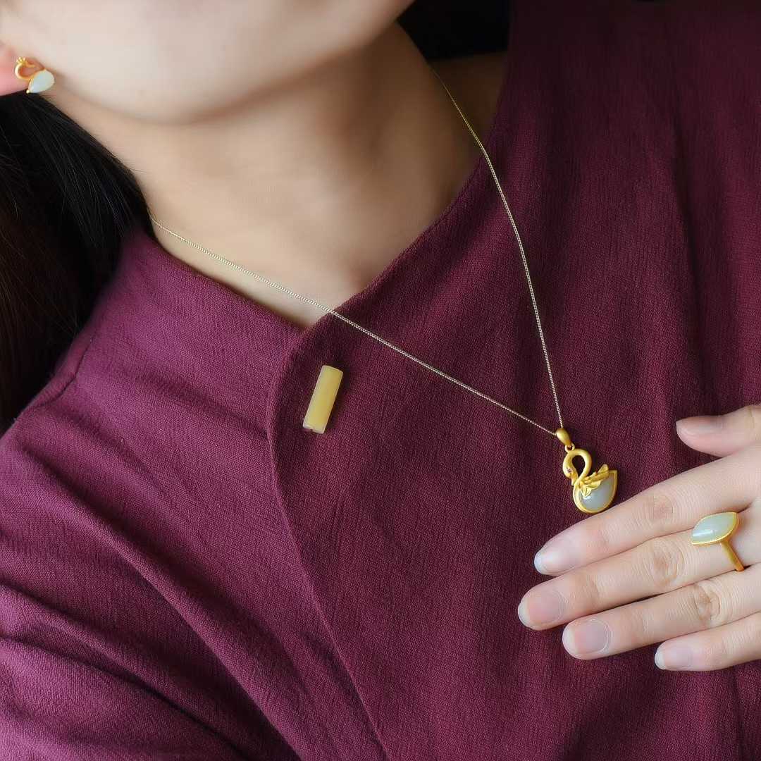 925 Silver Inlaid Nephrite Swan Jewelry Set - jewelry - weilin.com