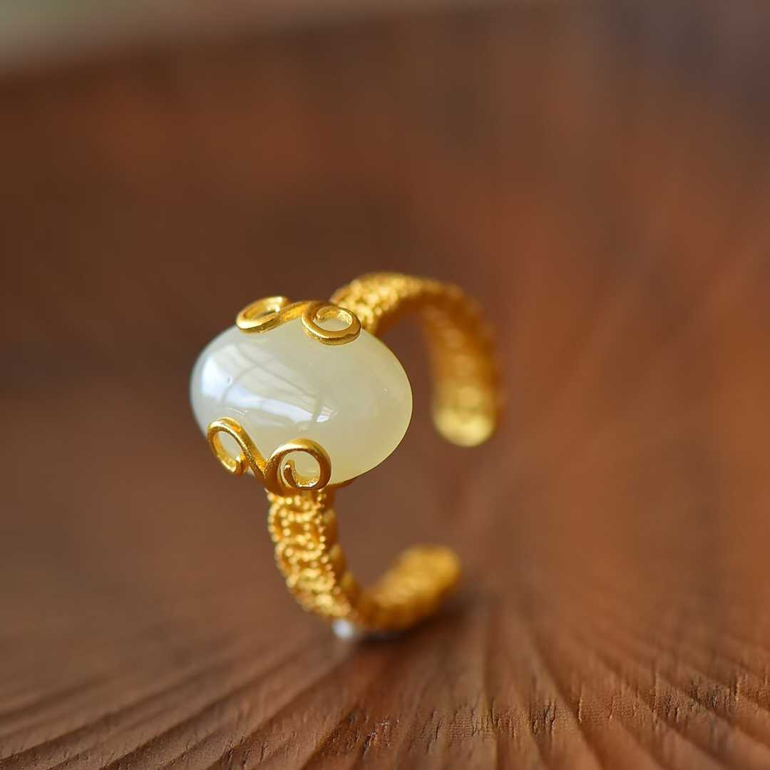925 Silver Inlaid White Hetian Nephrite "Auspicious Copper Coin" Ring - jewelry - weilin.com