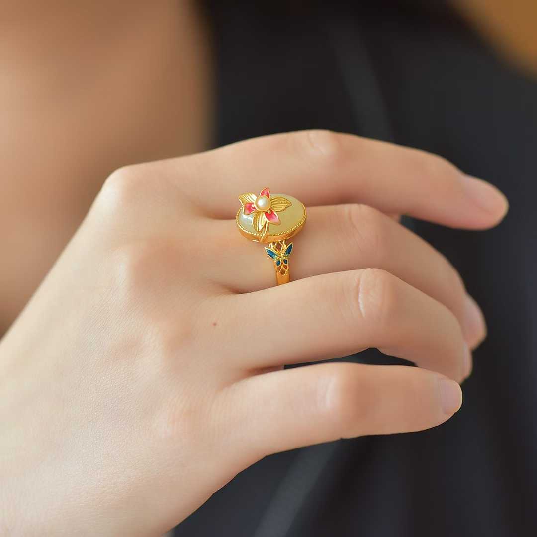 925 Silver Inlaid White Hetian Nephrite "Butterfly on Flower" Ring - jewelry - weilin.com