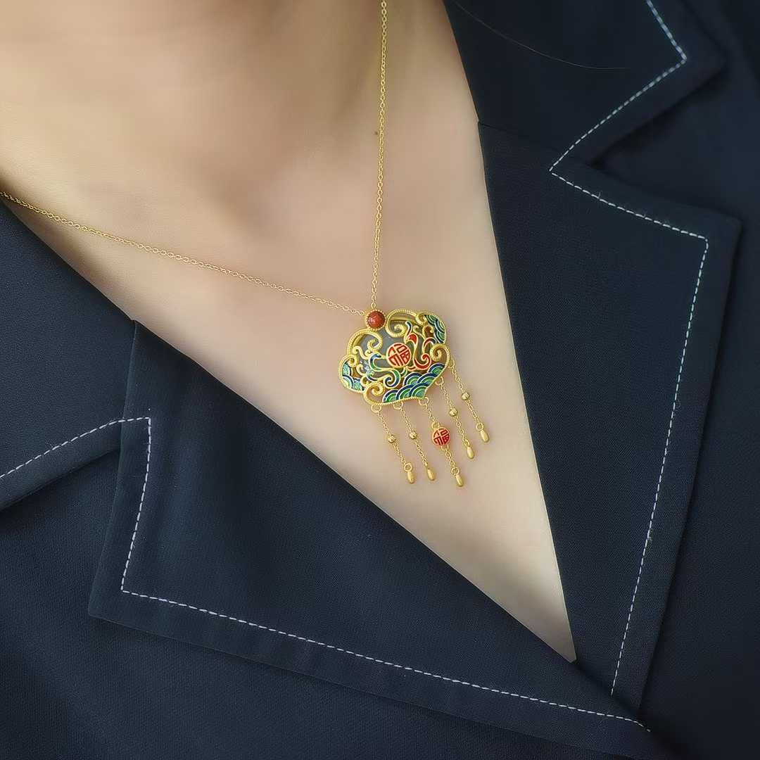 925 Silver Inlaid White Hetian Nephrite, Dragon & Phoenix, Ruyi Red Enamel Pendant - jewelry - weilin.com