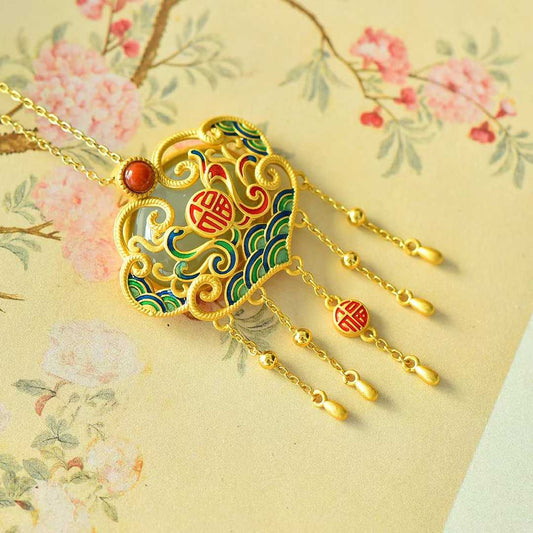 925 Silver Inlaid White Hetian Nephrite, Dragon & Phoenix, Ruyi Red Enamel Pendant - jewelry - weilin.com