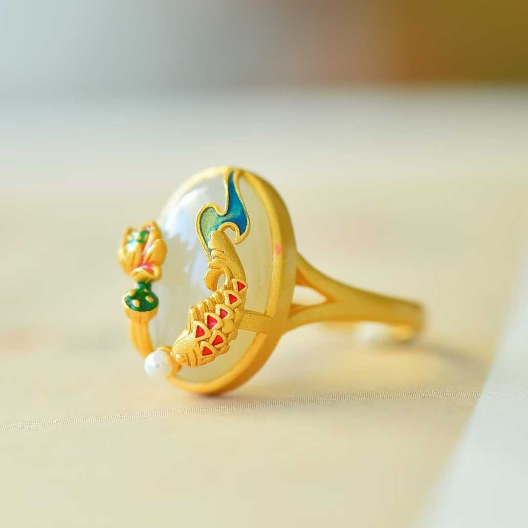 925 Silver Inlaid White Hetian Nephrite "Goldfish & Continuous Years" Auspicious Ring - jewelry - weilin.com