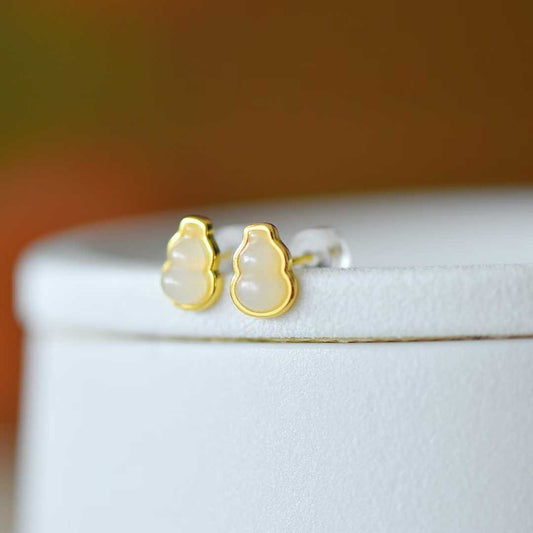 925 Silver Inlaid White Hetian Nephrite "Gourd for Double Blessings (Prosperity & Fortune)" Stud Earrings - jewelry - weilin.com