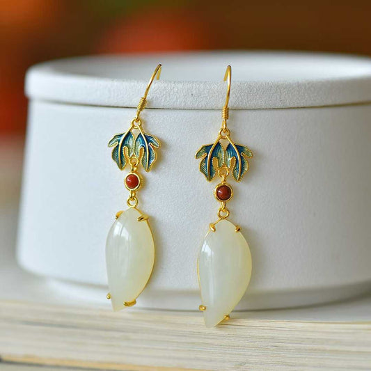 925 Silver Inlaid White Hetian Nephrite "Great Achievement" Willow Leaf Dangle Earrings - jewelry - weilin.com