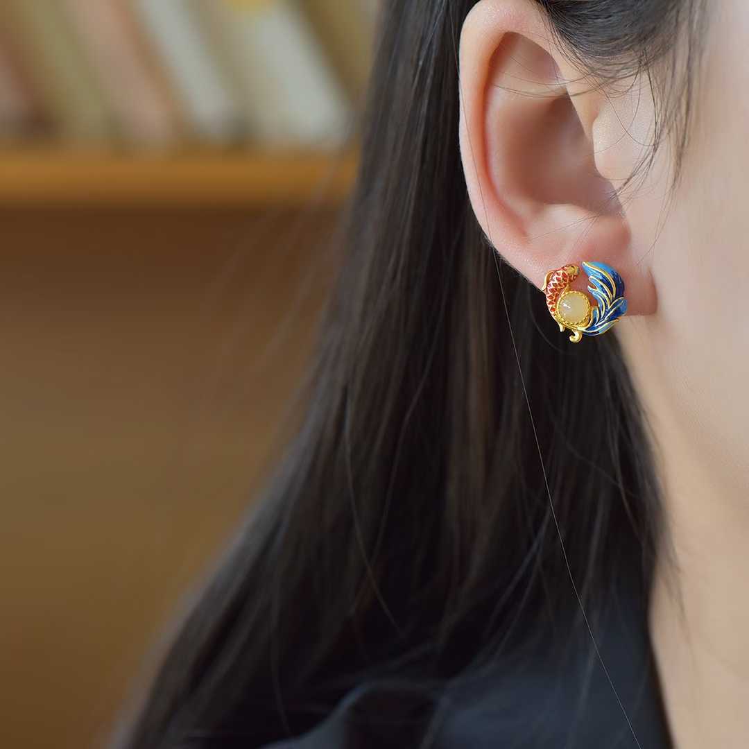 925 Silver Inlaid White Hetian Nephrite "Koi & Luster" Stud Earrings - jewelry - weilin.com