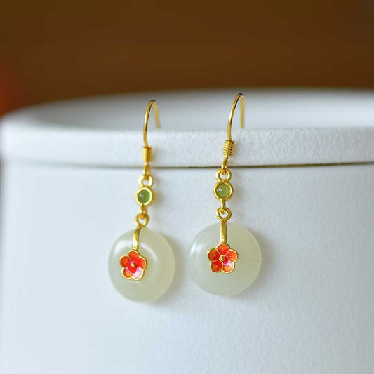 925 Silver Inlaid White Hetian Nephrite "Peace Buckle on Plum Branch" Dangle Earrings - jewelry - weilin.com