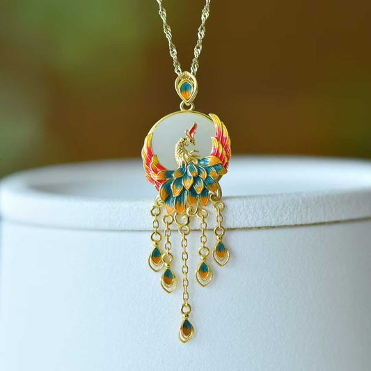 925 Silver Inlaid White Hetian Nephrite "Phoenix Nirvana" Tassel Pendant - jewelry - weilin.com