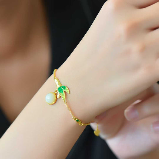 925 Sterling Silver Enamel Hetian Jade Bamboo Rising Step by Step Bracelet - Jewelry Weilin