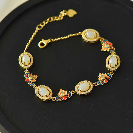 925 Sterling Silver Hetian Jade Good Luck Lotus Ruyi Enamel Bracelet - Jewelry Weilin