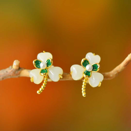 925 Sterling Silver Hetian Jade Heart - Shaped Three - Petal Flower Mosaic Earrings - Jewelry Weilin