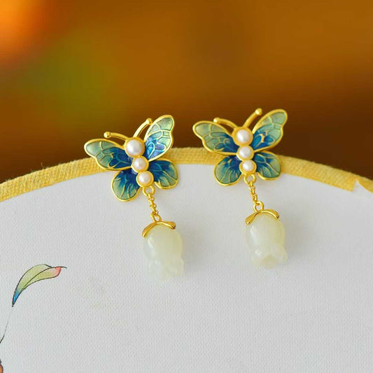 925 Sterling Silver Hetian Jade Pomegranate Flower Many Children Many Blessings Earrings - Jewelry Weilin