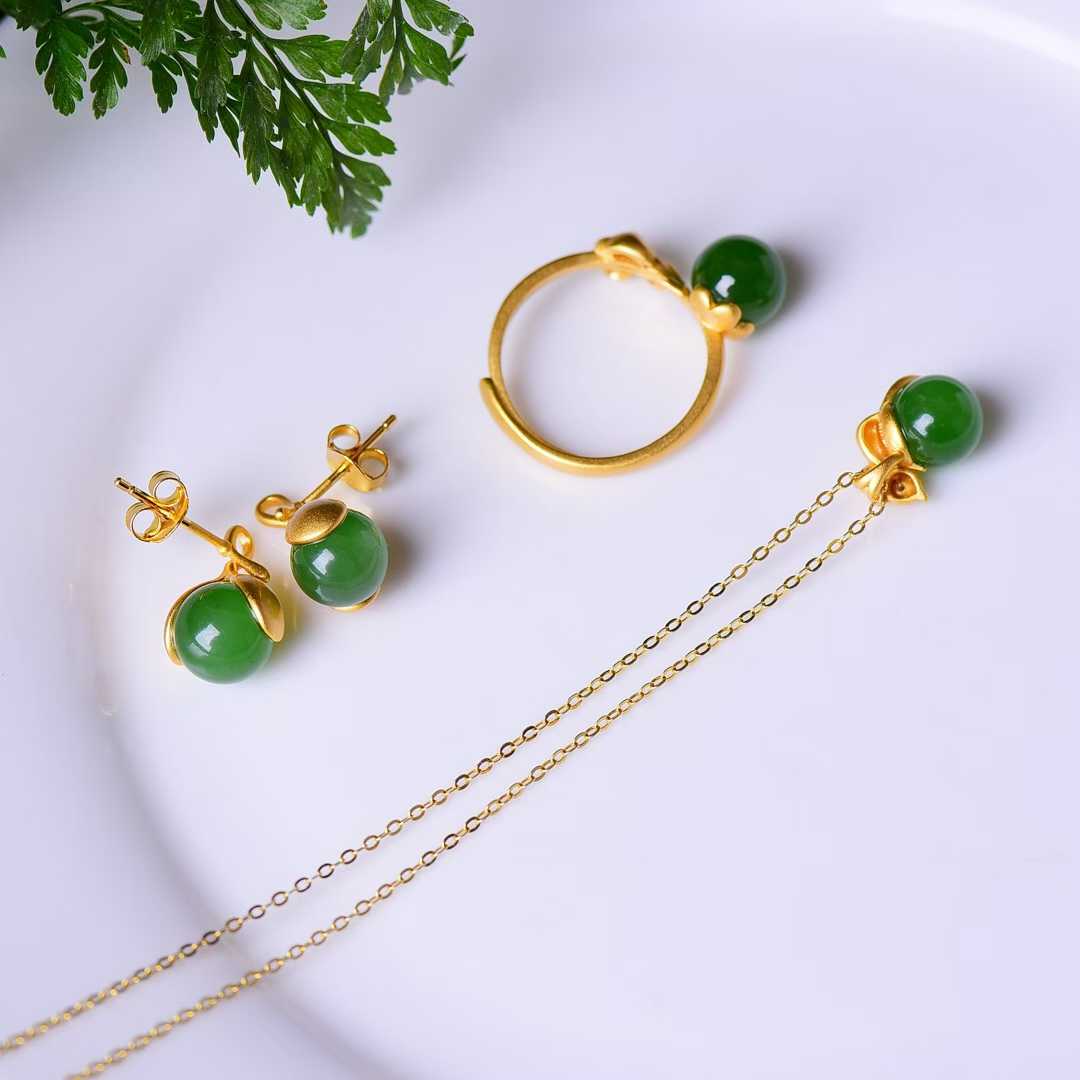 925 Sterling Silver Hetian Jade Rat Thick Matte Gold Plated Jewelry Set - Jewelry Weilin