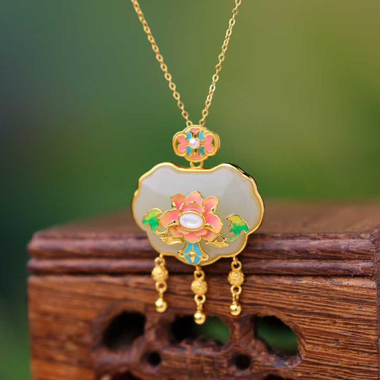 925 Sterling Silver Hetian Jade Ruyi Lock Lotus Pendant - Jewelry Weilin