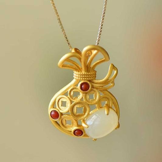 925 Sterling Silver Hetian Jade Traditional Craft Money Pouch Pendant - Jewelry Weilin