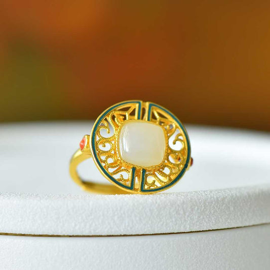 925 Silver Inlaid Hetian Nephrite "Longevity Vine" Ring