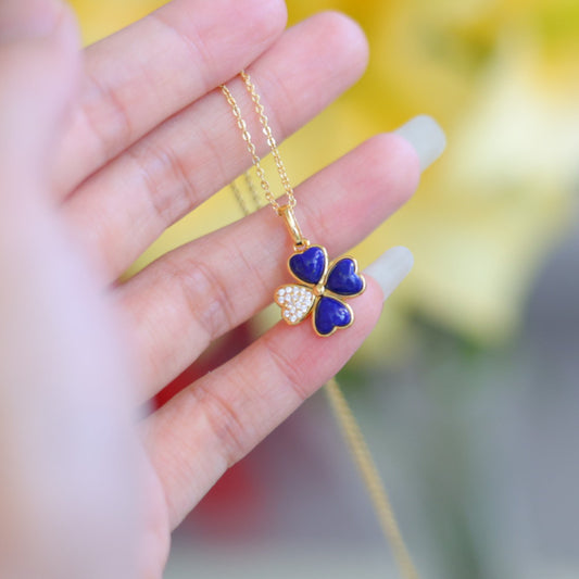 Natural Lapis Lazuli Four-Leaf Clover Heart Pendant
