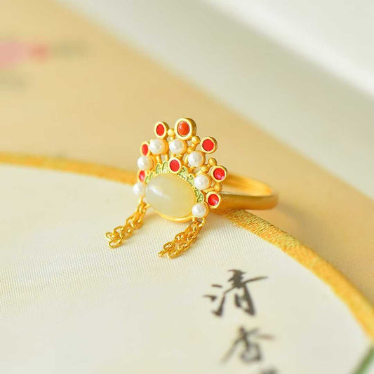 925 Silver Inlaid Hetian Nephrite "Phoenix Crown" Ring