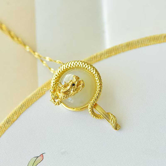 925 Silver-Inlaid Hetian Jade Pendant with Round Drum-Shaped Surface & "Dragon Soaring Across the Four Seas" Design