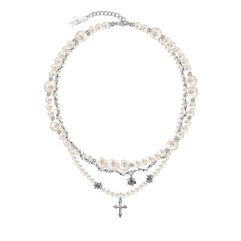 Baroque pearl cross necklace with layered chains