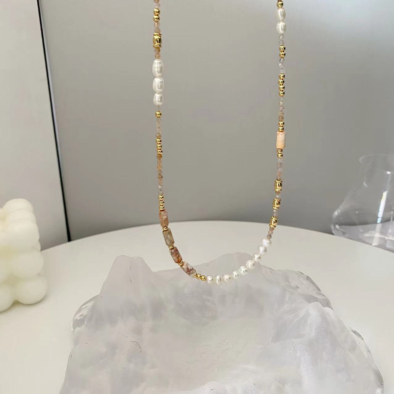 Simple colorful natural stone freshwater pearl beaded necklace for women - jewelryweilin