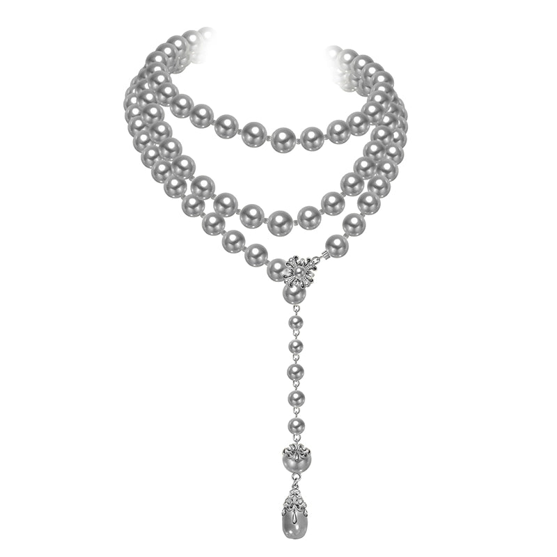 Long pearl necklace with multiple layers