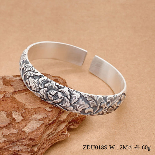 Chinese style lotus leaf peony lotus sterling silver bracelet